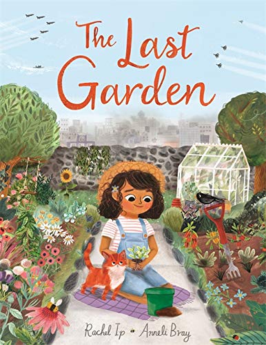 Girl with orange cat tending plants in a vibrant, overgrown garden.