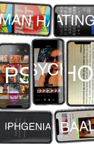 Book cover displayed on multiple smartphones, text reads "Man Hating Psycho.