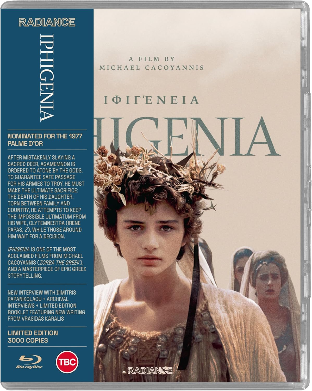 Blu-ray cover for “Iphigenia” featuring a woman with flowers in her hair.