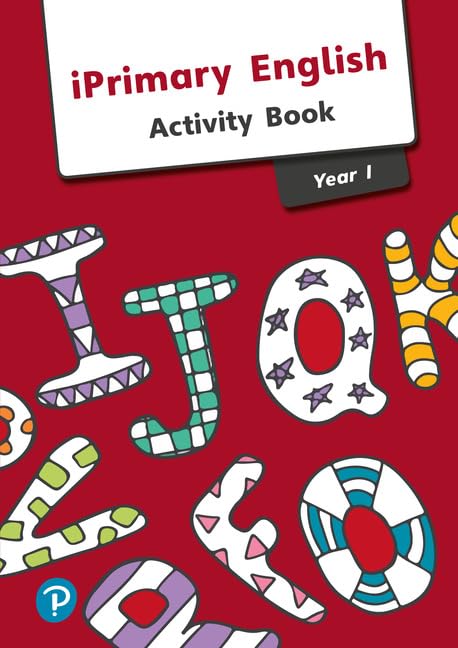 “iPrimary English Activity Book Year 1” cover with colorful patterned letters.