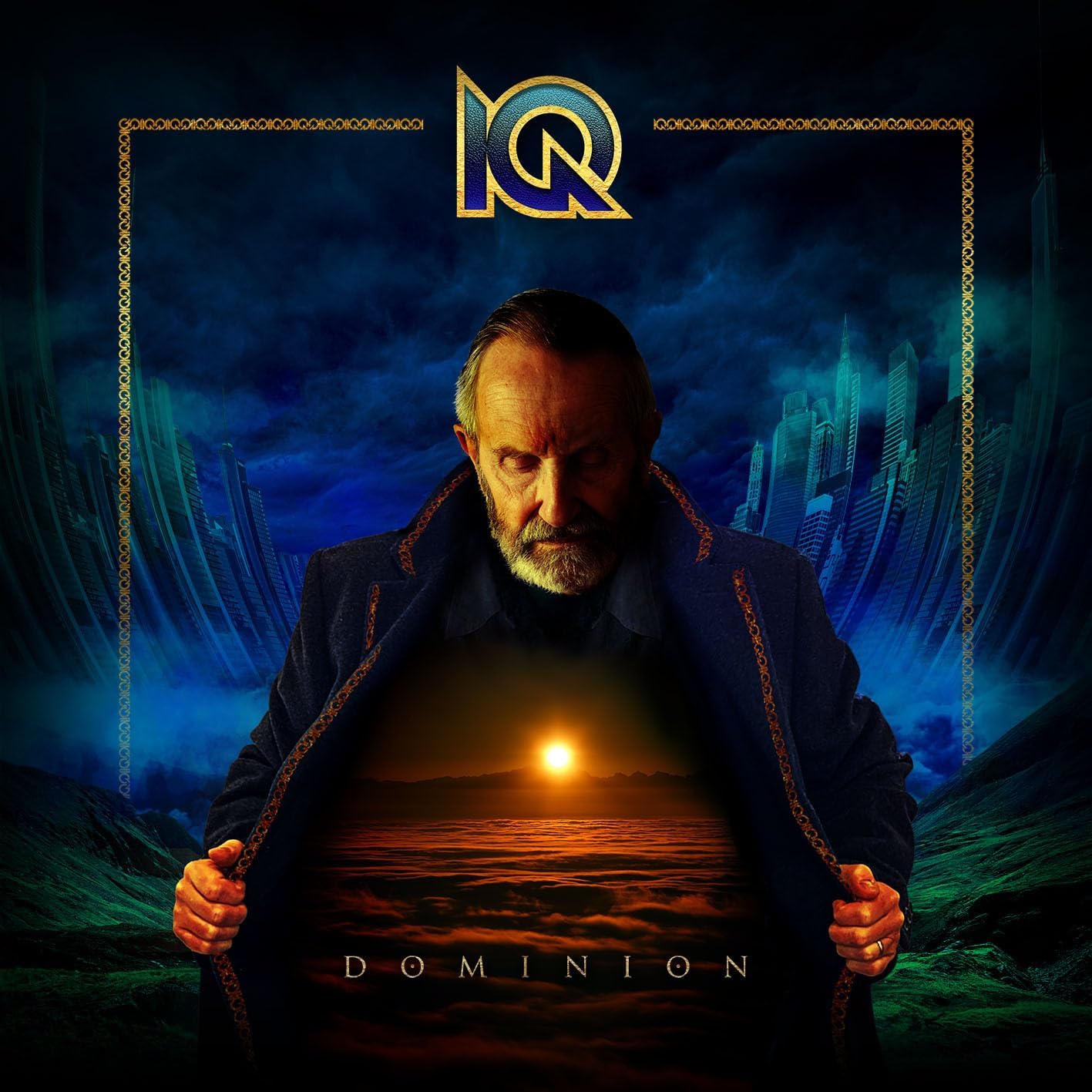 Album cover for IQ’s “Dominion” featuring a man holding a sunset reflection.