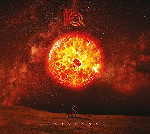 Person sitting on hill looking at large fiery planet in a starry red sky.