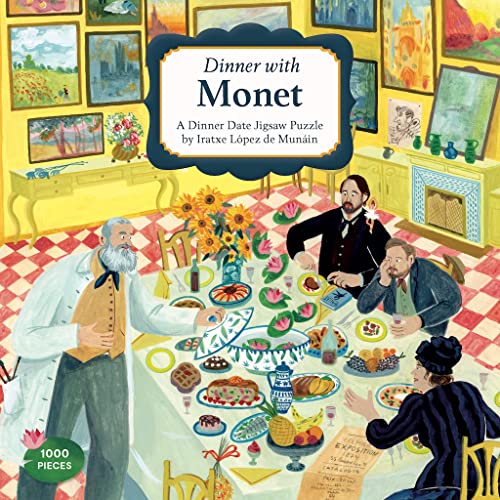 A 1000-piece jigsaw puzzle box cover showing Claude Monet hosting a dinner party.