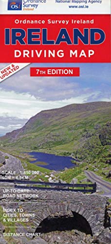 Red Ireland driving map cover with landscape and stone bridge image.