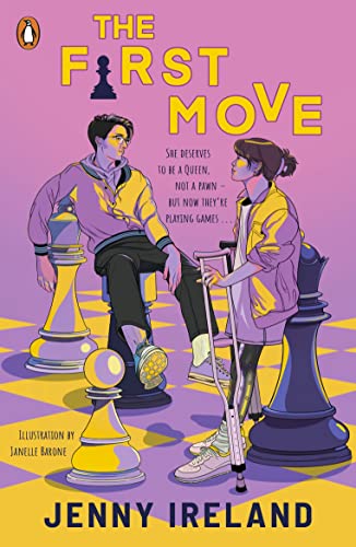 Book cover featuring two young people with chess pieces, one using crutches.