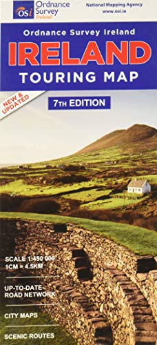 Ireland touring map cover with landscape, stone wall, and text details.