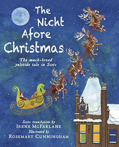 Book cover: Santa and reindeer flying over a snowy town.