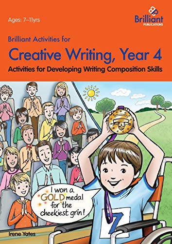 Year 4 creative writing activity book cover with children and a gold medal.