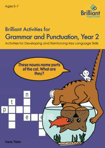 Year 2 grammar and punctuation workbook cover with a cartoon cat and fishbowl.