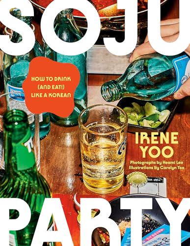 Cookbook cover with soju bottles, a glass, and Korean food imagery.