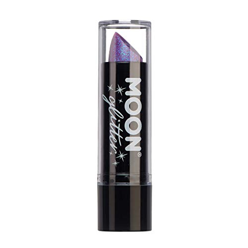 A tube of purple iridescent glitter lipstick with Moon Glitter branding on the side.