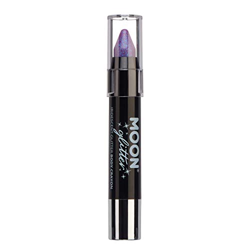 A purple iridescent glitter body crayon with a clear cap on a white background.