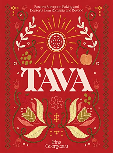 Red cookbook cover with floral designs, the title “Tava” in large white letters.