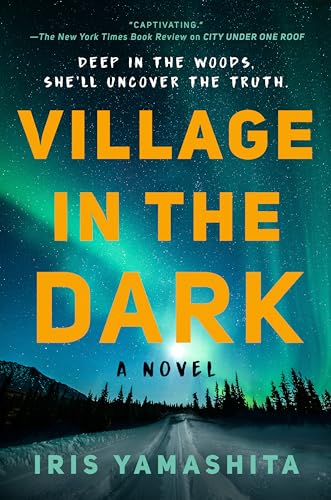 Book cover: "Village in the Dark" with dark woods and aurora borealis.