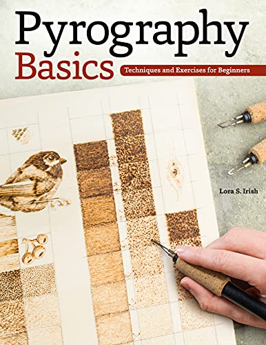 Book cover showing wood burning tools, a bird, and practice patterns.
