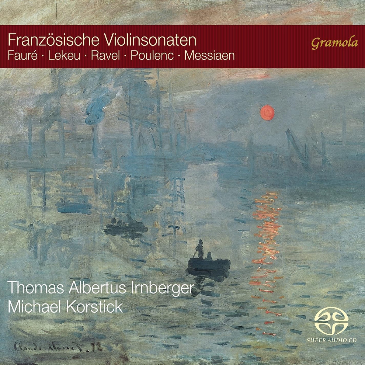 CD cover: Impressionistic painting of boats on water with red sun.