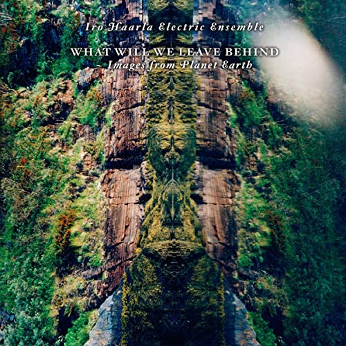 Moss-covered stone face with text overlay: "Iro Haarla - What Will We Leave Behind.