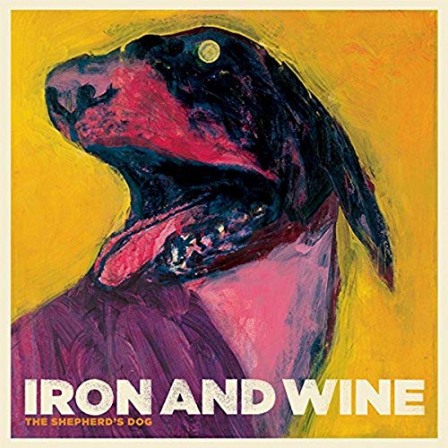 Painted portrait of a dog’s head with text “Iron and Wine”.