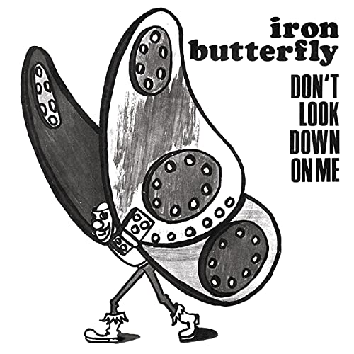 Black and white cartoon butterfly with boots, album cover art.