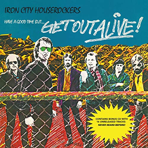 Album cover featuring six men standing behind a chain-link fence against a blue background.