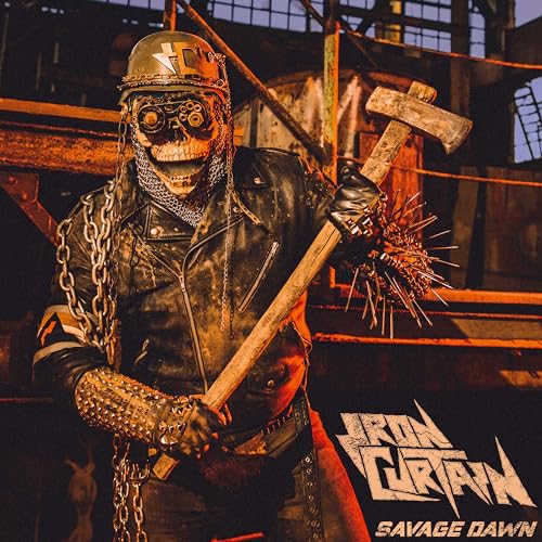 Figure in post-apocalyptic gear holding a spiked axe, album cover.