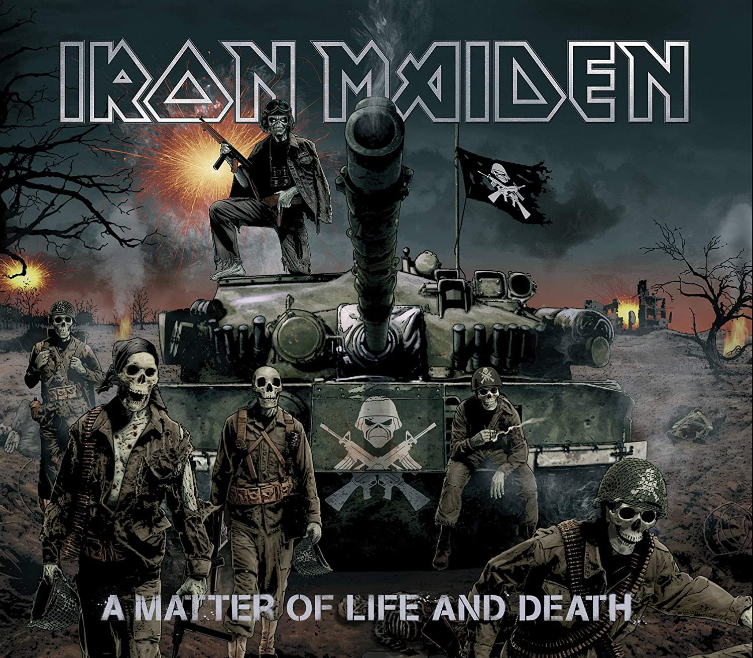 "Iron Maiden album cover featuring skeletons in military gear around a tank."