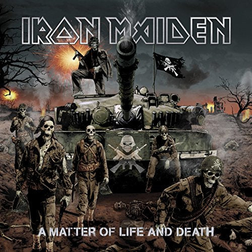 Iron Maiden album cover featuring skeletons in military attire surrounding a tank in a war scene.