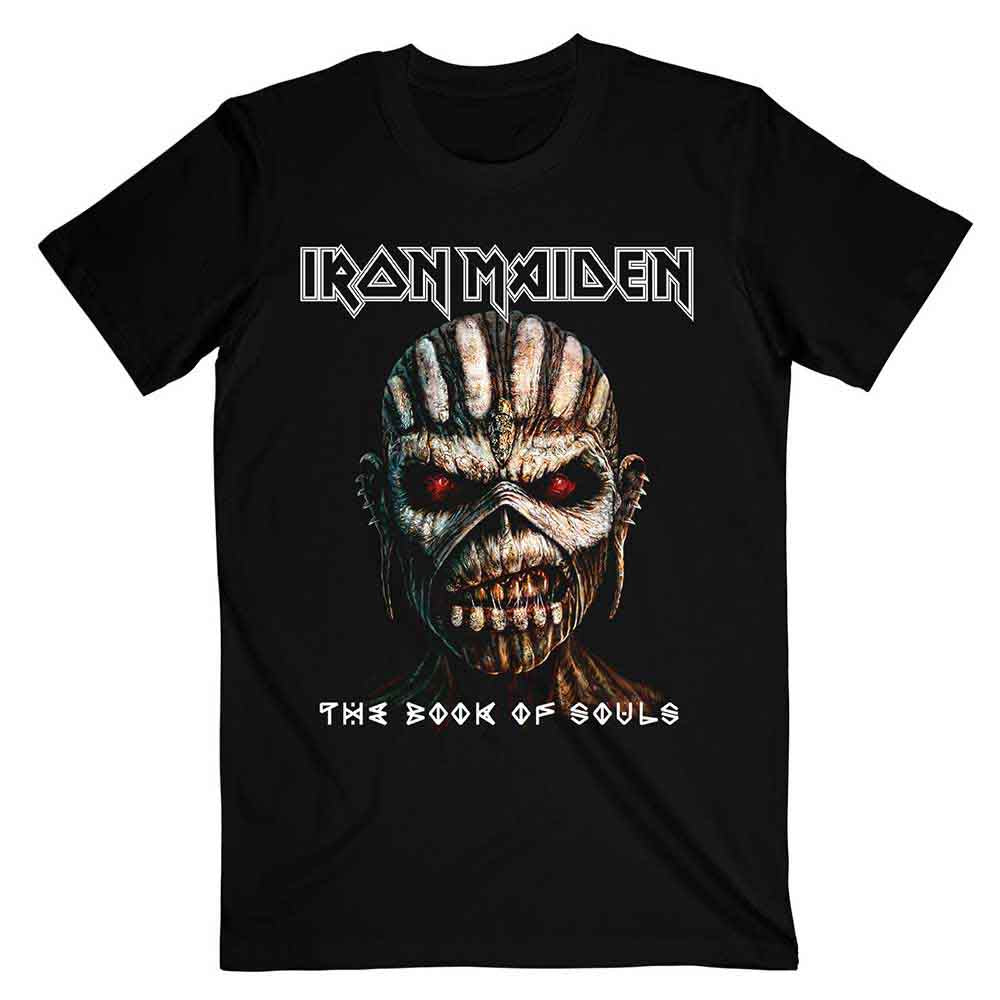 Black t-shirt with Iron Maiden’s “Book of Souls” skull graphic worn by a man.