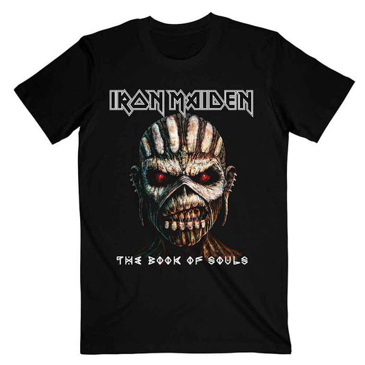 Black t-shirt with Iron Maiden’s “Book of Souls” skull graphic worn by a man.