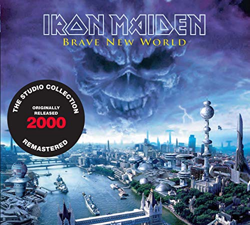 Iron Maiden “Brave New World” CD cover with futuristic cityscape.