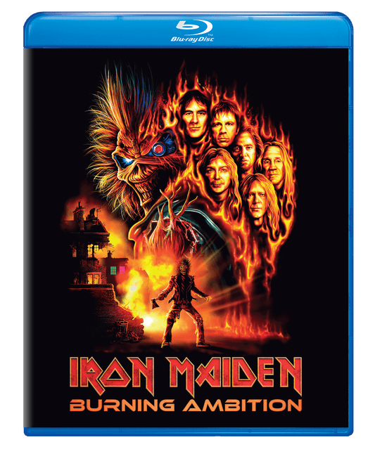 Blu-ray cover for Iron Maiden’s “Burning Ambition” featuring band members in flames.