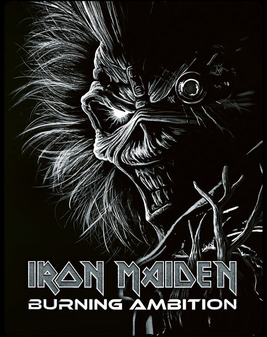 Iron Maiden’s Eddie face in white on black, with band name and title.