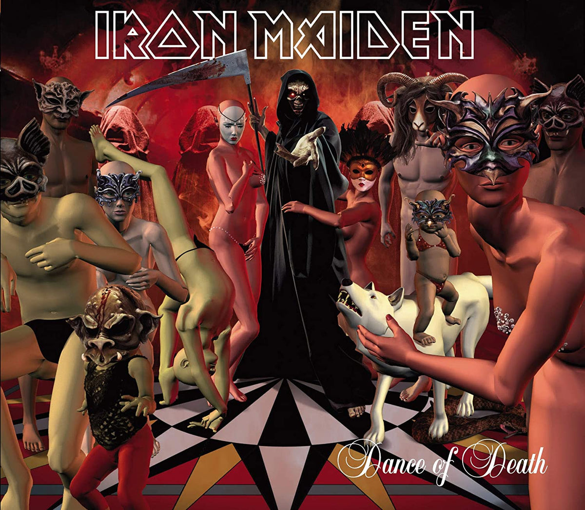 "Iron Maiden album cover featuring masked figures and a grim reaper."