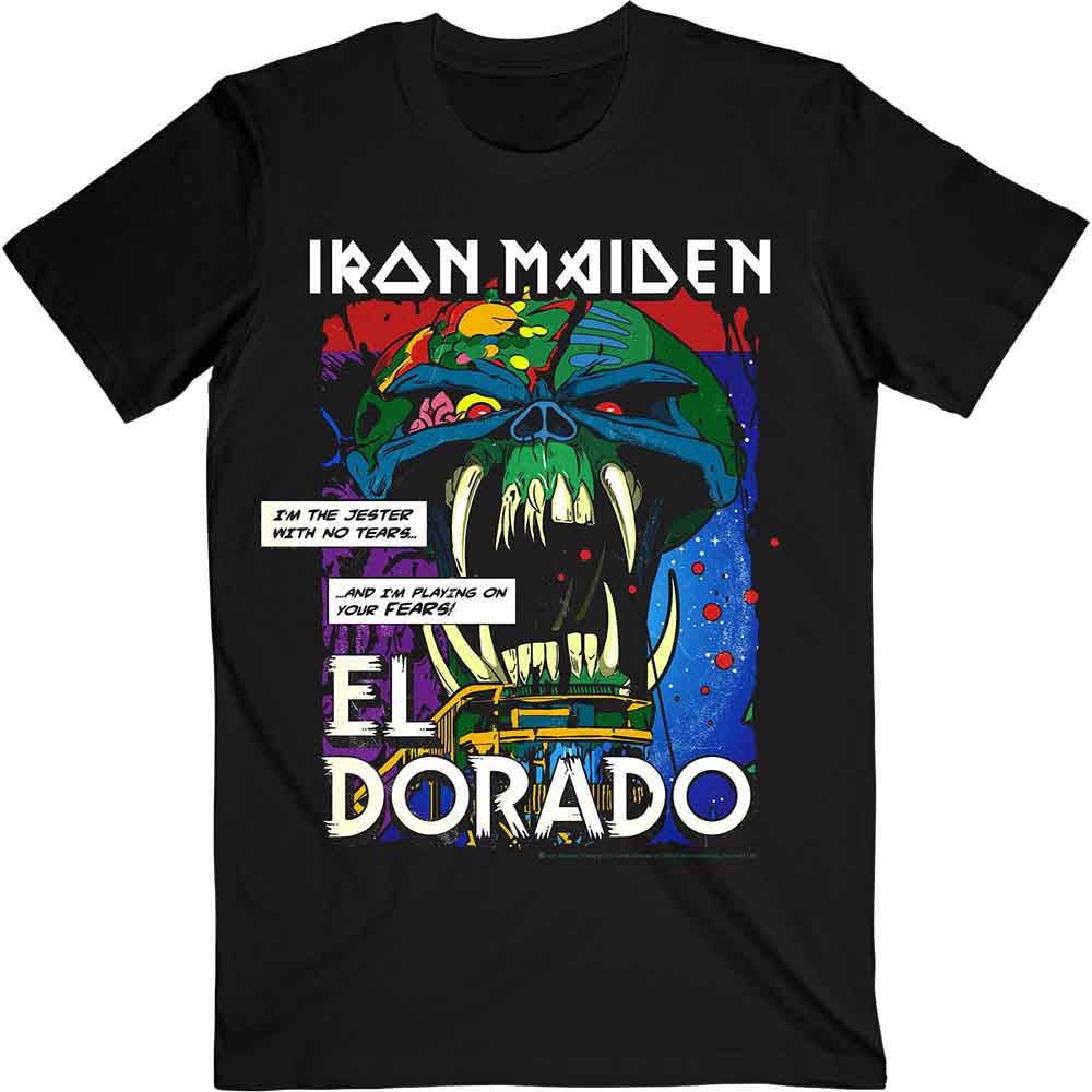 Black Iron Maiden t-shirt with colorful El Dorado skull graphic.