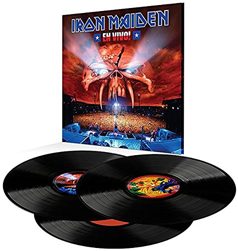 "Two black vinyl records with a sleeve featuring Iron Maiden's 'En Vivo!' album cover."