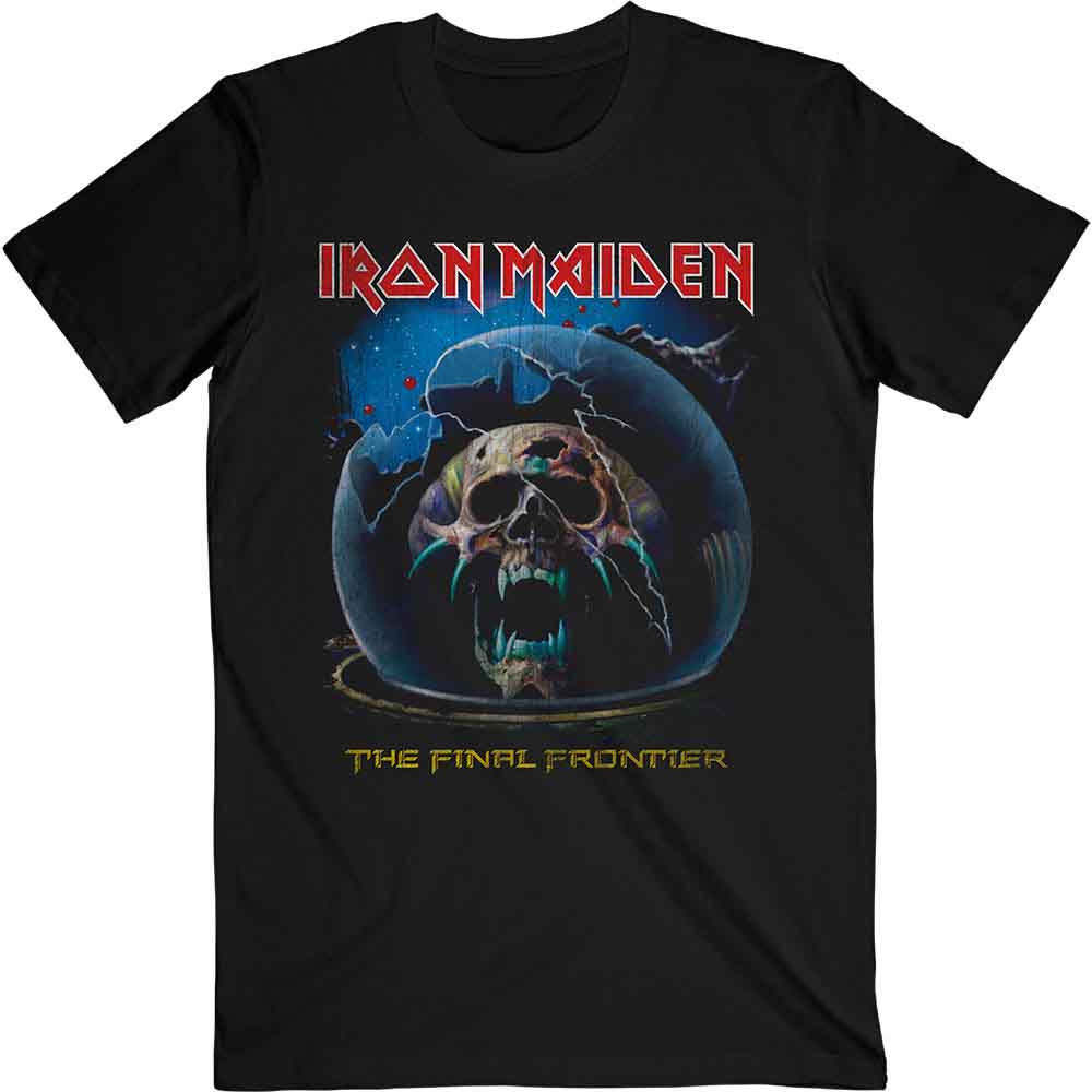 Black Iron Maiden t-shirt with skull and space graphic, worn by a man.