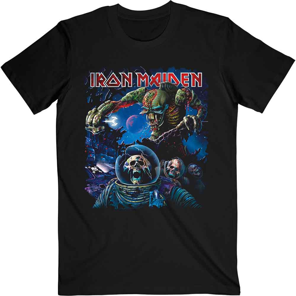 Man wearing a black Iron Maiden t-shirt with a space-themed graphic and logo.