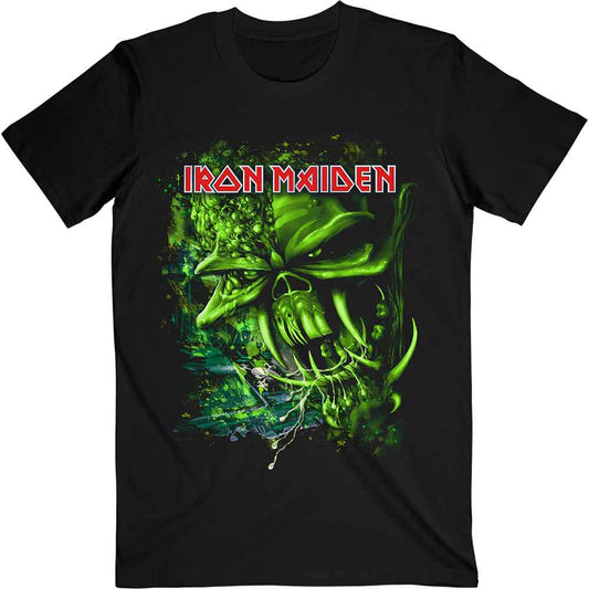 Black Iron Maiden t-shirt featuring a green alien skull graphic and red band logo.