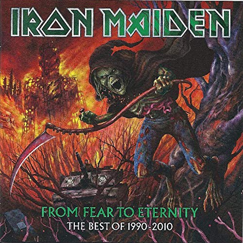 "Iron Maiden album cover featuring a grim reaper in a fiery, apocalyptic scene."