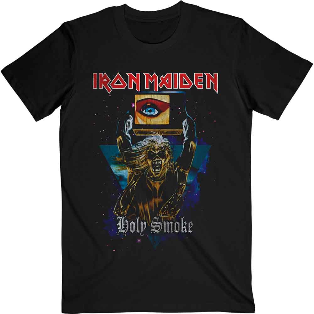 Black Iron Maiden t-shirt featuring Eddie holding a television with an eye graphic.
