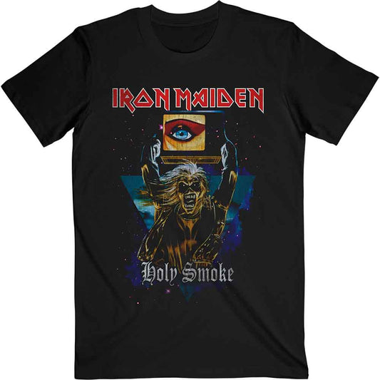 Black Iron Maiden t-shirt featuring Eddie holding a television with an eye graphic.