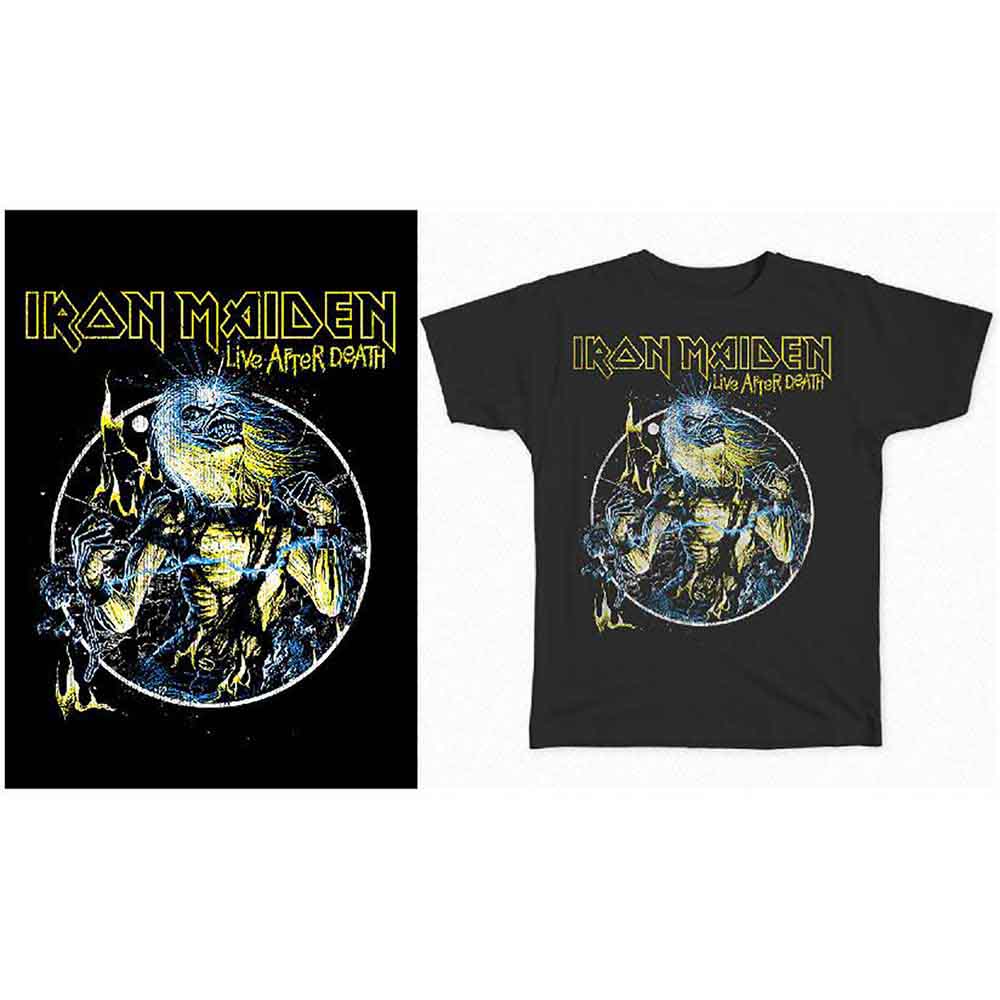 Black t-shirt with yellow Iron Maiden "Live After Death" graphic.