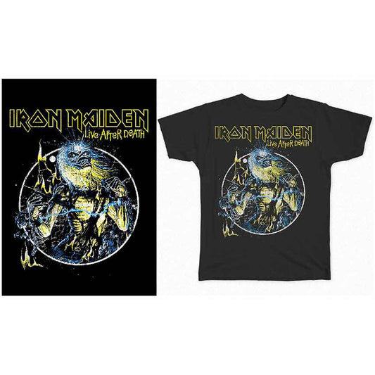 Black t-shirt with yellow Iron Maiden "Live After Death" graphic.