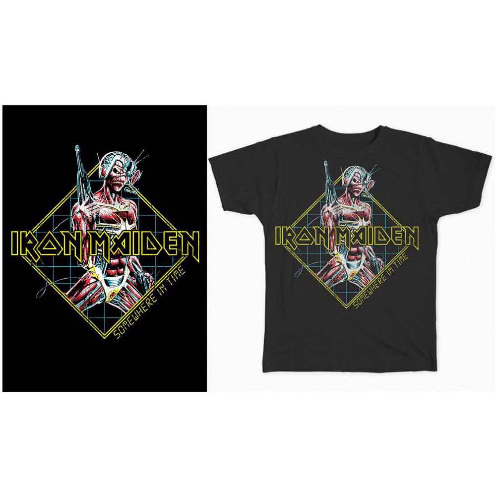 A man wearing a black Iron Maiden Somewhere in Time graphic t-shirt.
