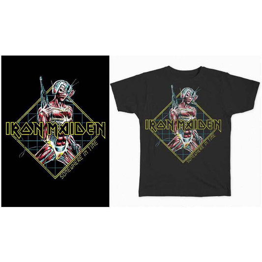 A man wearing a black Iron Maiden Somewhere in Time graphic t-shirt.