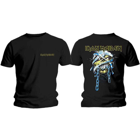 Black Iron Maiden t-shirt with Eddie skull graphic, front and back.