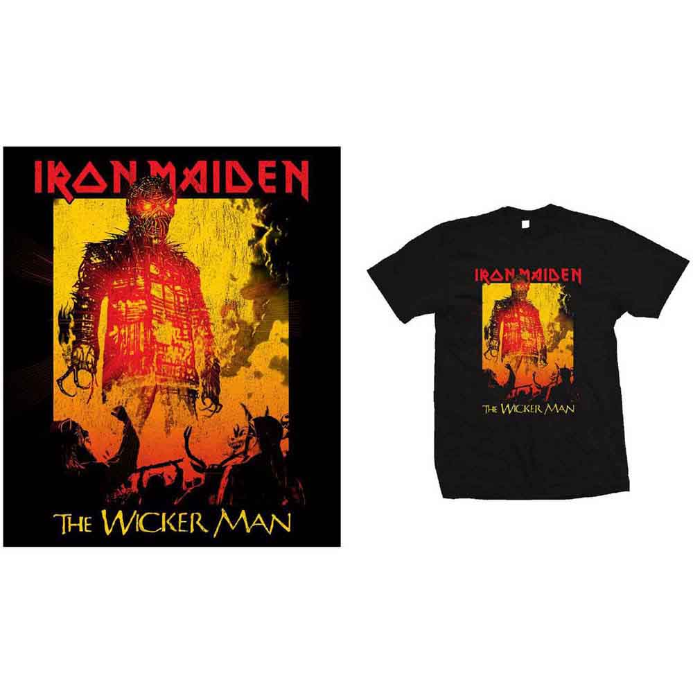 Black t-shirt with Iron Maiden’s “The Wicker Man” album art.