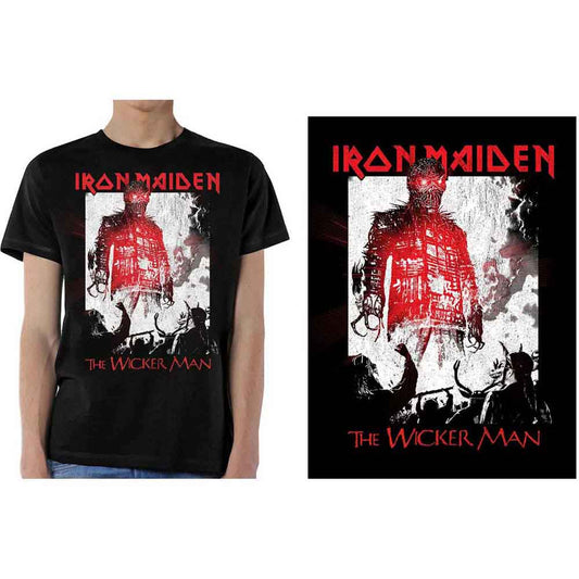 Man wearing a black Iron Maiden t-shirt with red graphic print.