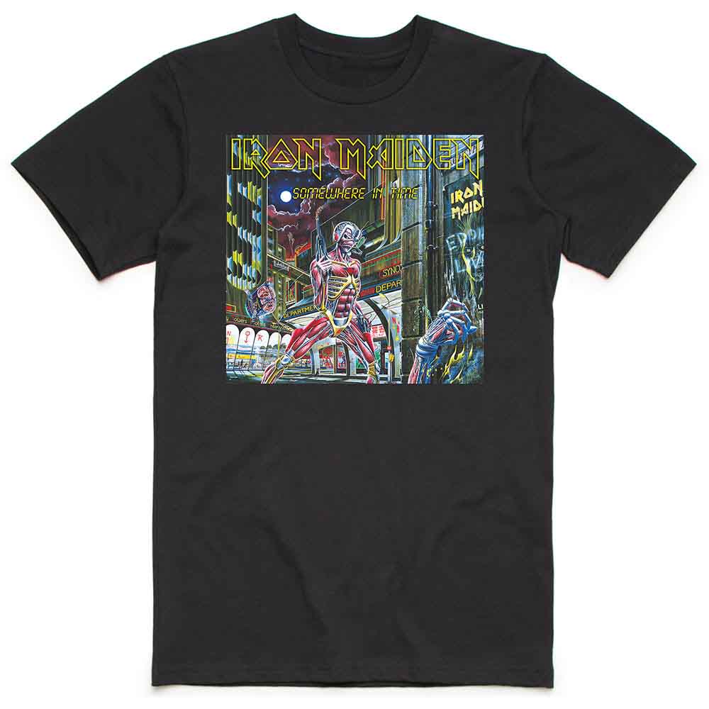 Man wearing a black Iron Maiden t-shirt with colorful album art.