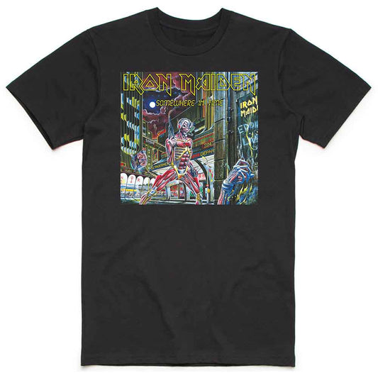 Man wearing a black Iron Maiden t-shirt with colorful album art.